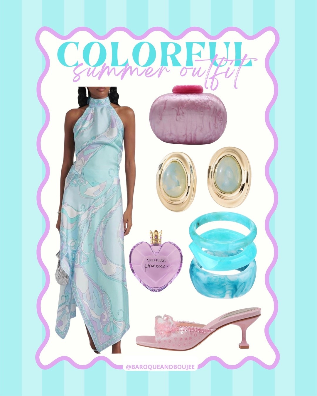 Affordable and colorful summer outfit idea for a chic, yet fun look! This pucci inspired asymmetrical dress is paired with pink embellished kitten heels, lucite clutch, vintage earrings, a chunky bracelet and a feminine fragrance. This look can be perfect as a brunch outfit, date night outfit, and even vacation outfit.

#LTKgrwm #LTKootd #LTKSaleAlert