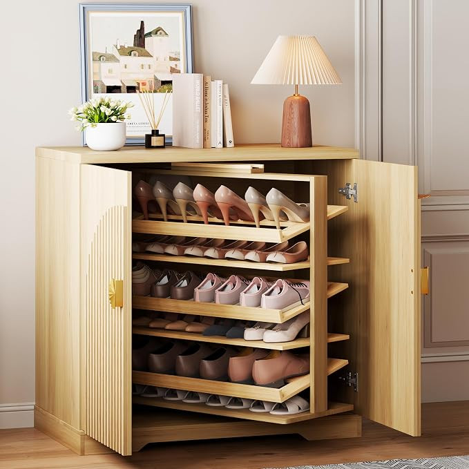 Vlsrka Rotating Shoe Storage Cabinet with Doors and 6 Tier Shelves, Wood | Suitable for 18 Pairs ... | Amazon (US)