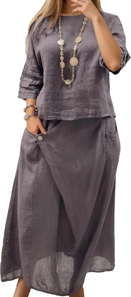 Linen Sets for Women 2 piece Loose Fit Skirt Sets Half Sleeve Top Casual Maxi Skirt with Pockets ... | Amazon (US)