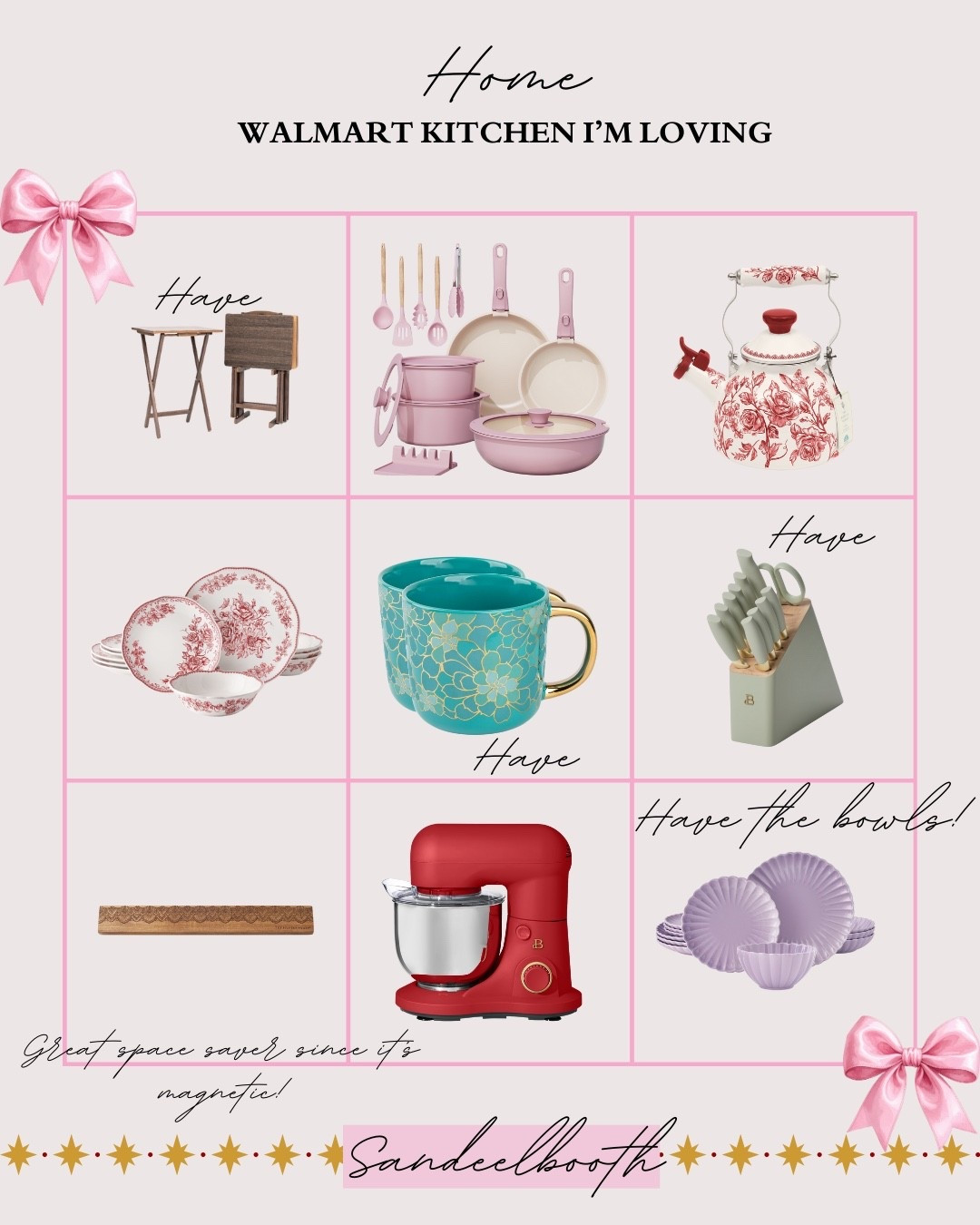 My Walmart kitchen finds just keep getting better 😍

If you’ve been wanting to refresh your space with affordable cookware, pretty dinnerware, space-saving storage, or colorful kitchen essentials, these are my top picks right now!

What I’m loving:
• Pink nonstick cookware set — super functional and aesthetic
• Floral stovetop kettle — major vintage charm
• Gorgeous dinnerware sets for everyday or hosting
• Knife block set that looks designer but is budget-friendly
• Magnetic wood knife strip — huge space saver
• Stand mixer dupe for baking season
• Beautiful mugs for cozy mornings
• Folding tray tables (we use these nonstop!)
• Prep + mixing bowls for baking, cooking & holiday hosting

If you’re searching for affordable kitchen gadgets, Walmart cookware, cute mugs, small appliances, or organization upgrades, this roundup has you covered! 🍳✨

🛍️ Shop all my Walmart kitchen favorites below.

Walmart kitchen finds, affordable cookware set, Walmart kitchen essentials, Walmart dinnerware, cute mugs Walmart, kitchen organization ideas, magnetic knife strip, Walmart stand mixer dupe, budget-friendly kitchen upgrades, pretty cookware, holiday baking essentials
