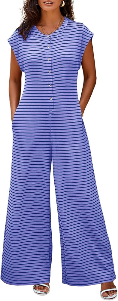 Cicy Bell Womens Summer Striped Wide Leg Cap Sleeve Button Down Jumpsuits | Amazon (US)