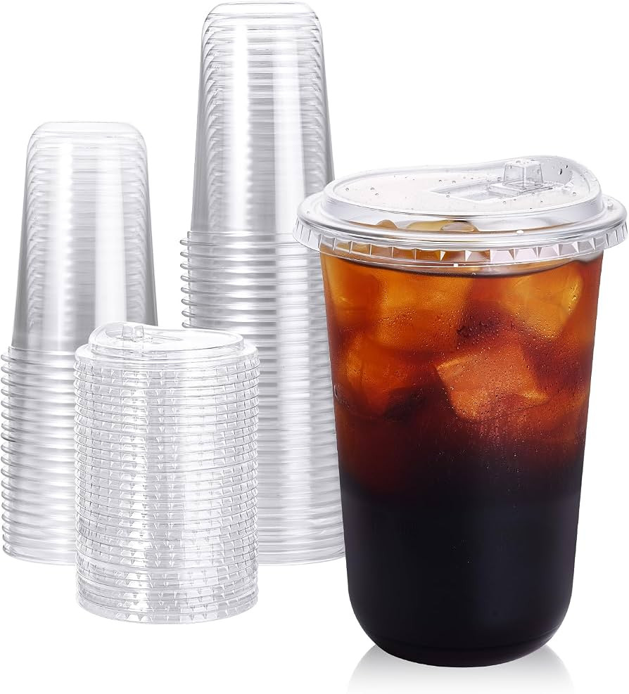 Turbo Bee 50 Pack - 16 oz Round Bottom Clear Plastic Cups with Strawless Sip - Lids, Disposable T... | Amazon (US)
