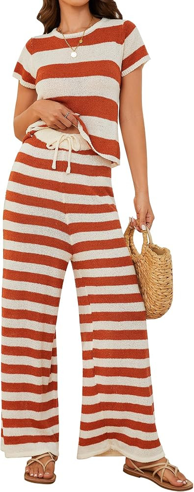 Women's 2 Piece Outfits Striped Knit Lounge Tracksuit Sets Short Sleeve Crop Top Wide Leg Pants S... | Amazon (US)