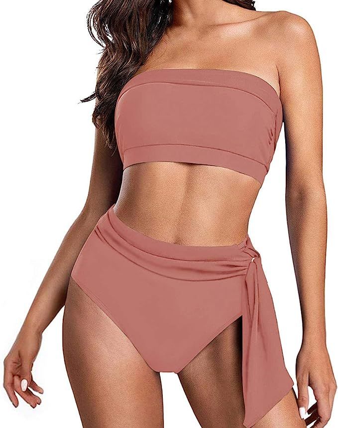 Pink Queen Women's Removable Strap Wrap Pad Cheeky High Waist Bikini Set Swimsuit | Amazon (US)