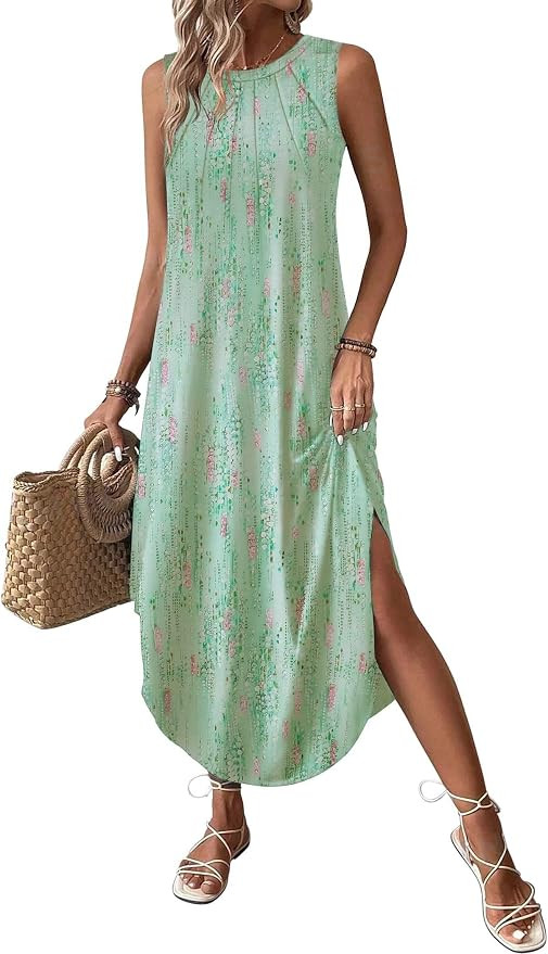 Zeagoo Women Floral Summer Dress Casual Beach Dress Printed Tank Dress with Pockets Pleated Front... | Amazon (US)