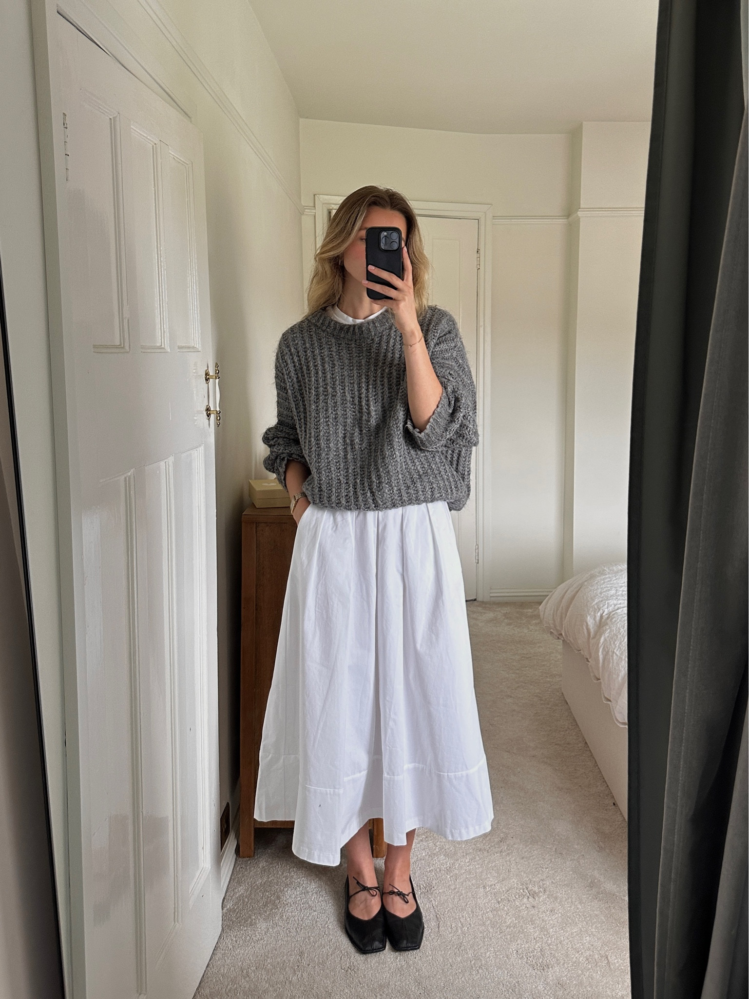 M&S, Mango, American Vintage, white skirt, midi skirt, cotton skirt, grey knit, summer outfit, spring outfit, ballet flats 

#LTKuk #LTKsummer #LTKeurope