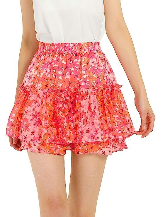 Allegra K Women's Cute Ruffle Mini Skirt High Waist A-Line Floral Print Layered Short Skirts | Amazon (US)