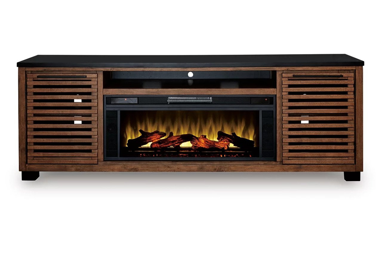 Kallari 84 Inch TV Stand with Electric Fireplace In Warm Brown and Black | 1stopbedrooms