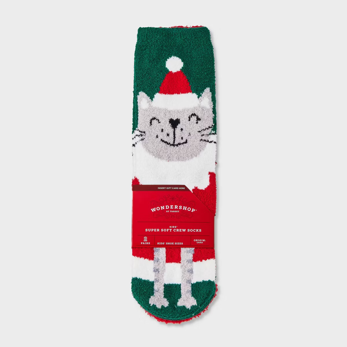 Kids' 2pk Cat Cozy Crew Socks with Giftcard Holder - Wondershop™ Dark Green | Target