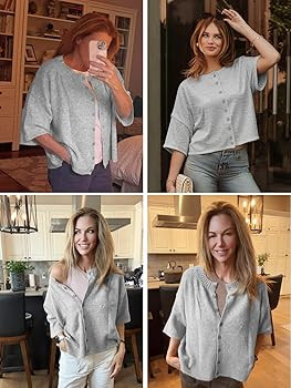 Saodimallsu Womens 3/4 Sleeve Cardigan Sweater Button Down Cropped Crewneck Cardigan 2025 Fall Ca... | Amazon (US)