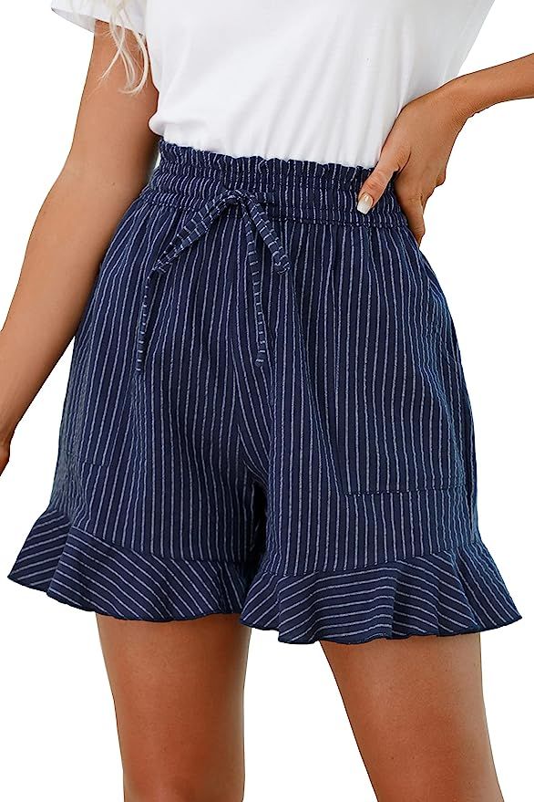 LNX Womens Linen Shorts High Waisted Wide Leg Drawstring Ruffle Flowy Short Pants with Pockets | Amazon (US)