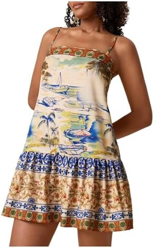 Floerns Women's Sleeveless Cami Dress Floral Flounce Hem Summer Short Dresses | Amazon (US)