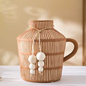 Mowtanco Rustic Farmhouse Vase with Handle and Boho Wooden Beads, Vertical Stripes Terracotta Vas... | Amazon (US)