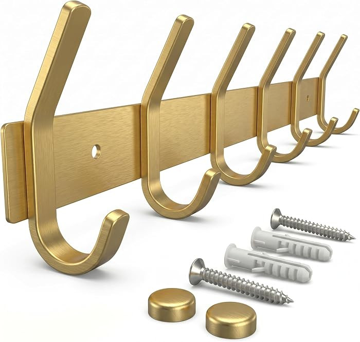 Brushed Gold Wall Mounted Coat Rack – 17 Inch Stainless Steel Rail with 6 Double Coat Hooks for Entryway, Bathroom, Bedroom, Kitchen – Modern Gold Hook Rack for Coats, Hats, Towels | Amazon (US)