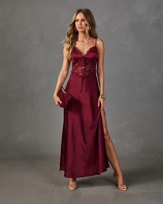 Amour Affair Satin Lace Maxi Dress Burgundy / L | VICI