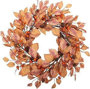 VGIA 18 Inch Fall Leaves Wreath Fall Wreath Autumn Wreath for Front Door with Fall Leaves Artific... | Amazon (US)