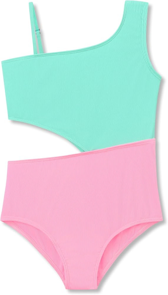 Big Girls Asymmetric Cutout Swimsuit Adjustable Straps Sizes 6X-16 | Amazon (US)