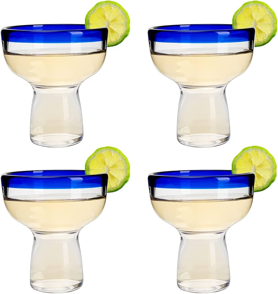 Mexican Hand Blown Blue Rim Margarita Glasses - Set of 4 - Stemless Glass Luxury Hand Blown Mexic... | Amazon (US)