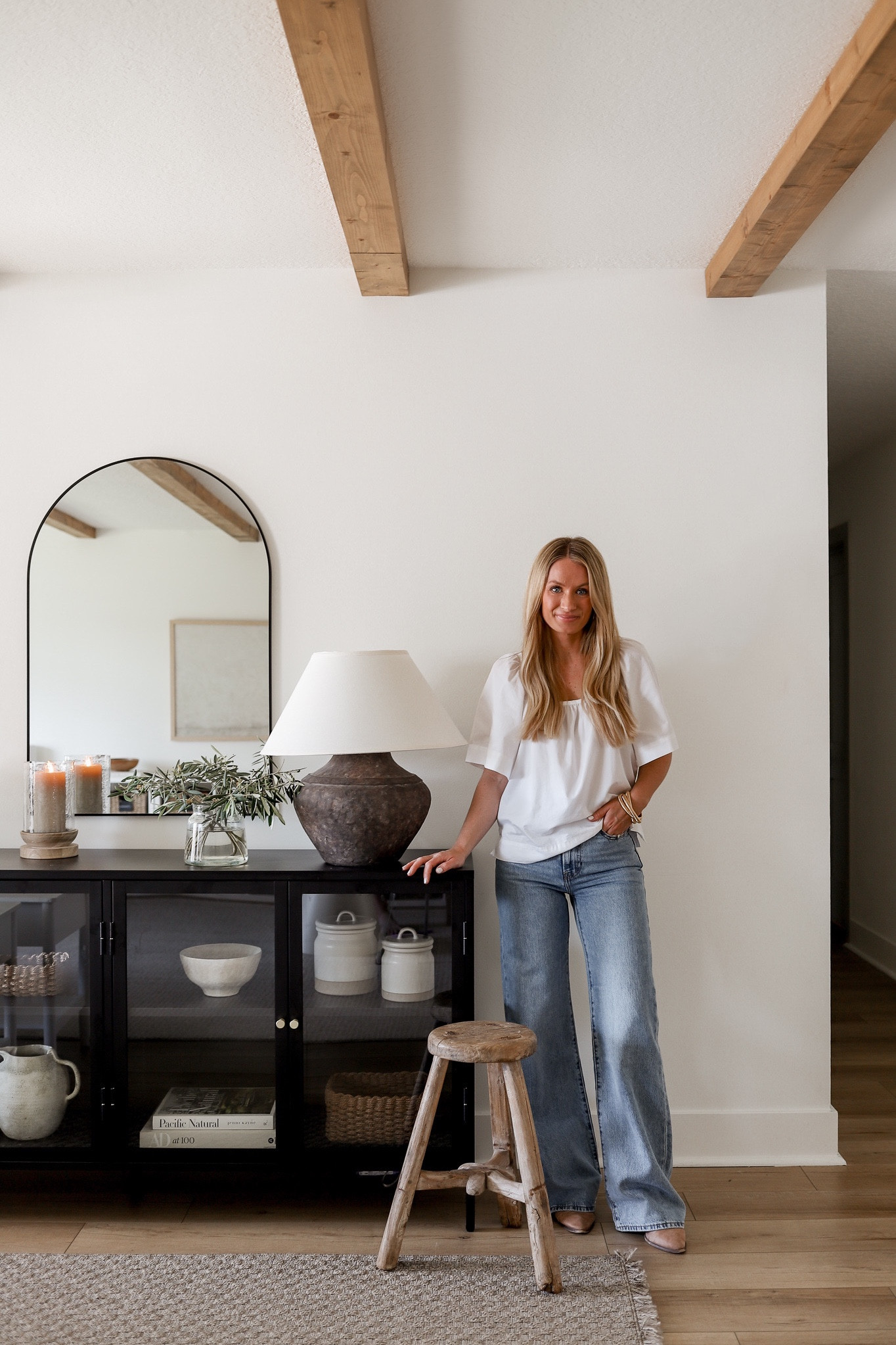 Shop our neutral, modern organic entryway! Everything here is a designer look for less. Score high-end style in your home without the cost ☺️

Affordable Walmart outfit details here 👇🏼

Top: xsmall
Jeans: size 24. Could do 25 for looser fit. My true size is 25 and I’d get that size if I ordered again! 