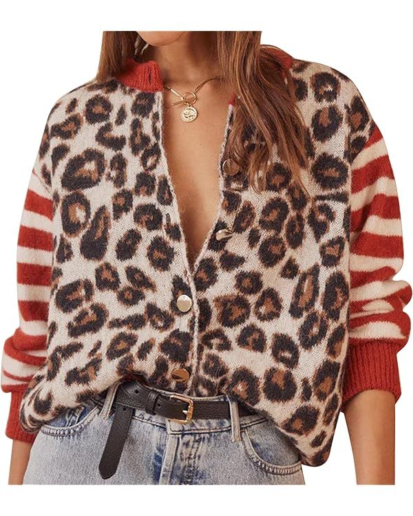 Leopard Striped Cardigans for Women Cheetah Open Front Sweater Knit Button Down Fall Clothes Long... | Amazon (US)