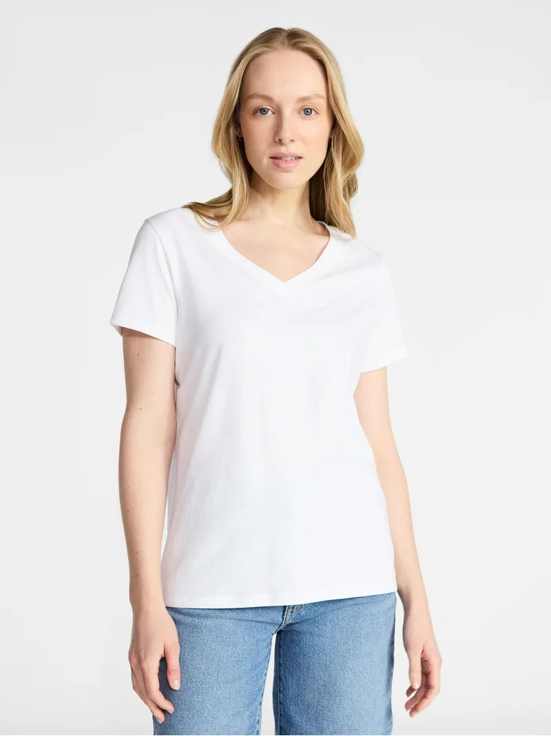 Time and Tru Women's Cotton V-Neck Tee with Short Sleeves, Sizes XS-XXXL | Walmart (US)