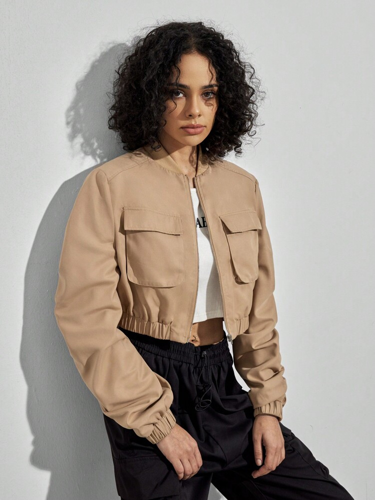 Khaki Cropped Jacket | SHEIN