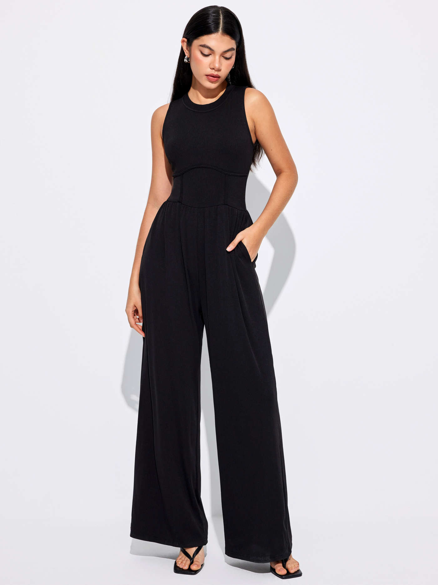 Elegant Rib Solid Sleeveless Wide Leg Jumpsuit For Daily Casual Work | Cider