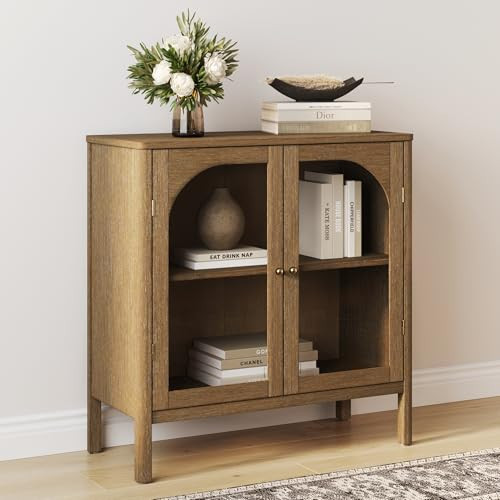 Nathan James Mason Storage Cabinet, Free Standing Accent Sideboard Buffet, Credenza with Glass Doors and Adjustable Shelf in Brushed Light Brown Wood for Dining Room, Entryway and Living Room | Amazon (US)