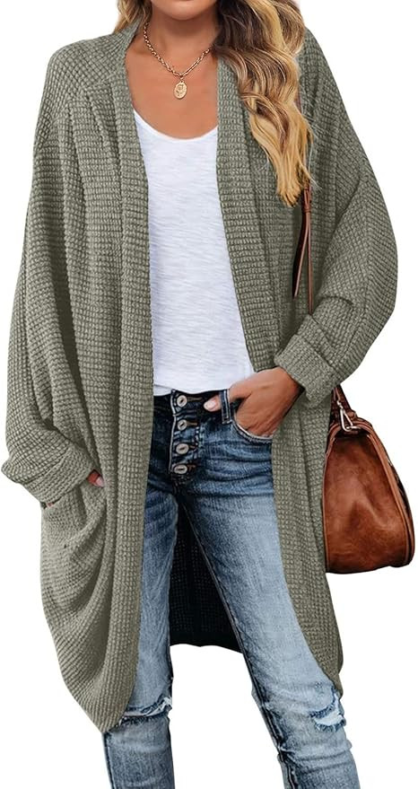 MEROKEETY Women's Waffle Knit Batwing Long Sleeve Cardigan Loose Open Front Sweater Coat | Amazon (US)