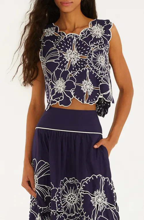 FARM Rio Richelieu Floral Embroidered Top in Blue at Nordstrom, Size Small | Nordstrom