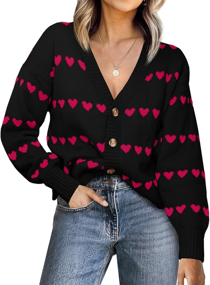 Saodimallsu Womens Heart Cardigan Sweaters Valentines V Neck Button Down Long Sleeve Knit Striped... | Amazon (US)
