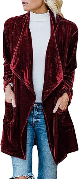 futurino Women's Solid Long Sleeve Velvet Jacket Open Front Cardigan Coat with Pockets Outerwear | Amazon (US)