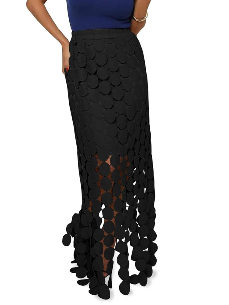 Cicy Bell Womens Hollow Out Maxi Skirts Summer High Waisted Boho Fringe Hem Long Skirt | Amazon (US)