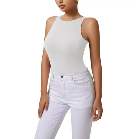 REORIA Tank Bodysuit for Women Halter Neck Sleeveless Ribbed Bodysuit Basic Tank Tops | Walmart (US)
