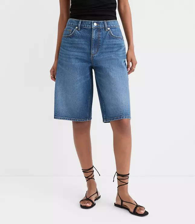 Rivete Petite Curvy High Rise Denim Bermuda Shorts in Dark Wash | LOFT