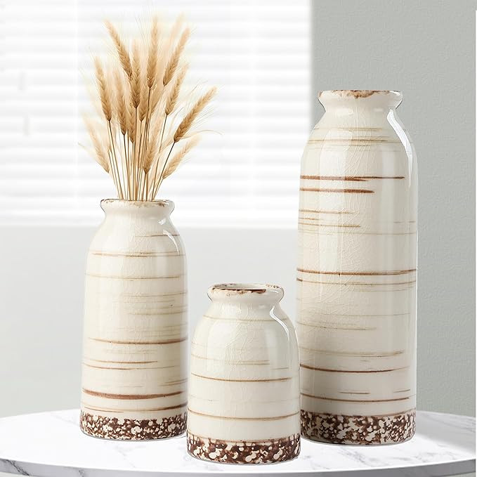Beige Ceramic Vase Set of 3, Farmhouse Decorative Vase for Pampas Grass, Living Room, Bathroom, B... | Amazon (US)