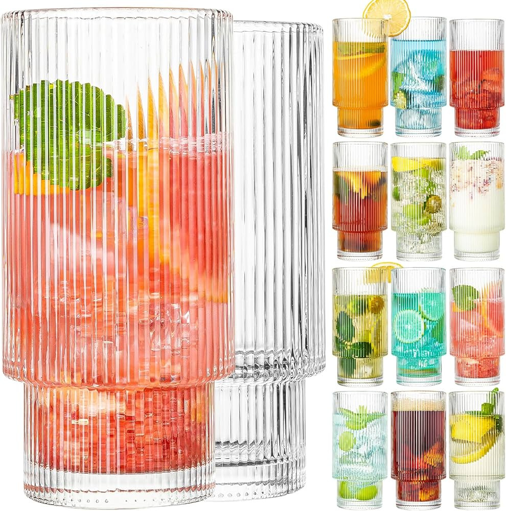 Drinking Glasses, 16oz Origami Style Glass Cups with straw, 12 pcs Highball Glasses, Elegant Ripp... | Amazon (US)