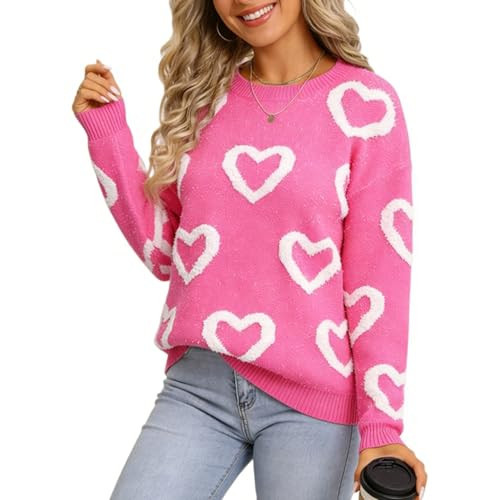 Women Valentine's Day Sweaters Long Sleeve Crewneck Knit Pullover Tops Oversized Love Heart Sweater (White Rose Red, L) | Amazon (US)