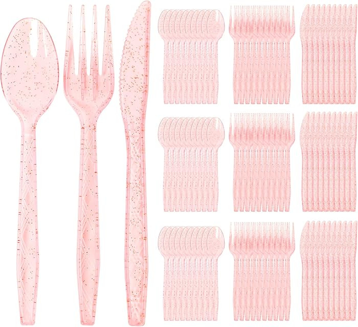 180 Pack Pink Glitter Plastic Silverware,Disposable Glitter Cutlery,Heavy Duty Plastic Silverware... | Amazon (US)