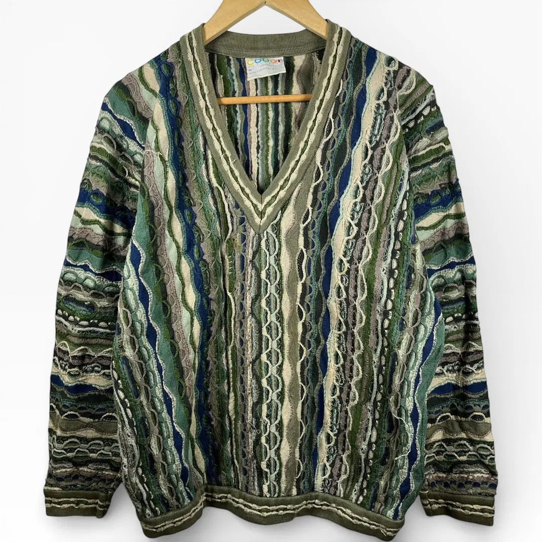 Vintage Coogi Austalia 3D Knit Sweater V Neck Green Tan Mercerized Cotton Medium | Etsy (US)