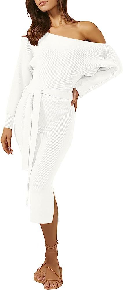 ANRABESS Women's Long Sleeve Off Shoulder Waist Belt Slim Fit Ribbed Knitted Cozy Slit Midi Sweat... | Amazon (US)