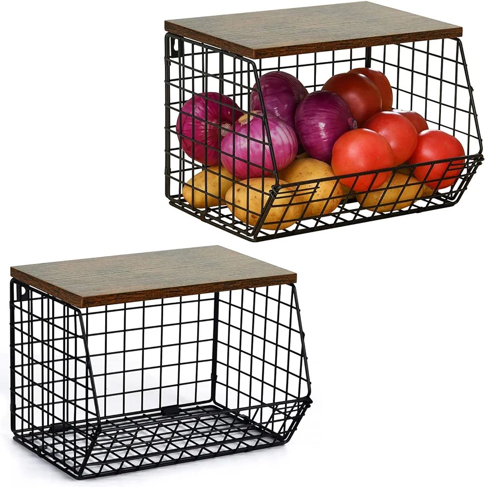 Wetheny 2pcs Fruit Basket Onion Storage Wire Basket with Wood Top- Wall Mounted & Stackable Kitch... | Amazon (US)