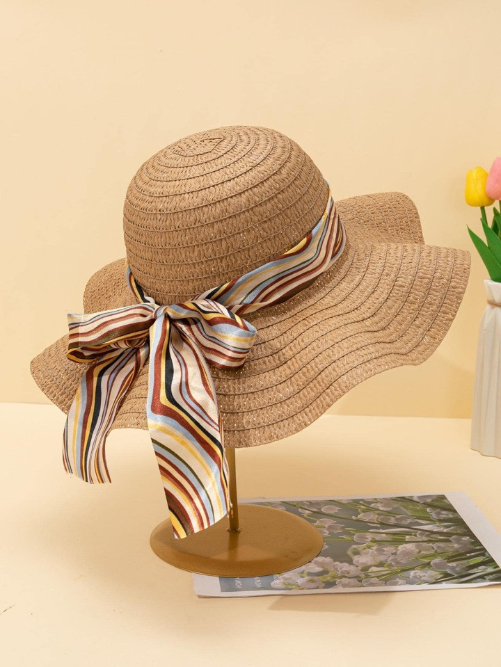 1pc Khaki Wave-Striped Ribbon Bow Sun Hat For Women, Perfect For Beach Vacation, Elegant Sun Prot... | SHEIN