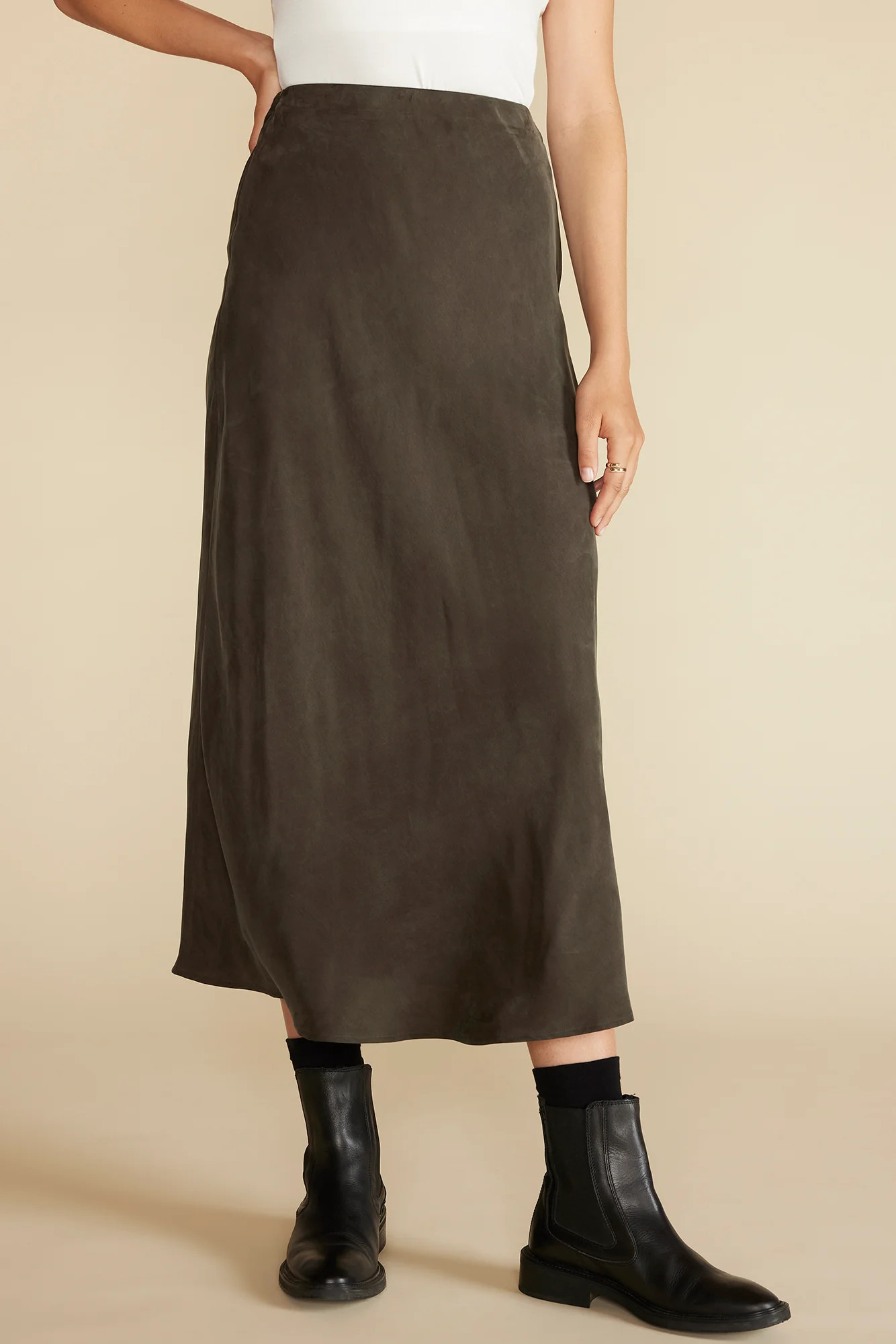 Eve Cupro Slip Skirt - Olive Green | Amour Vert