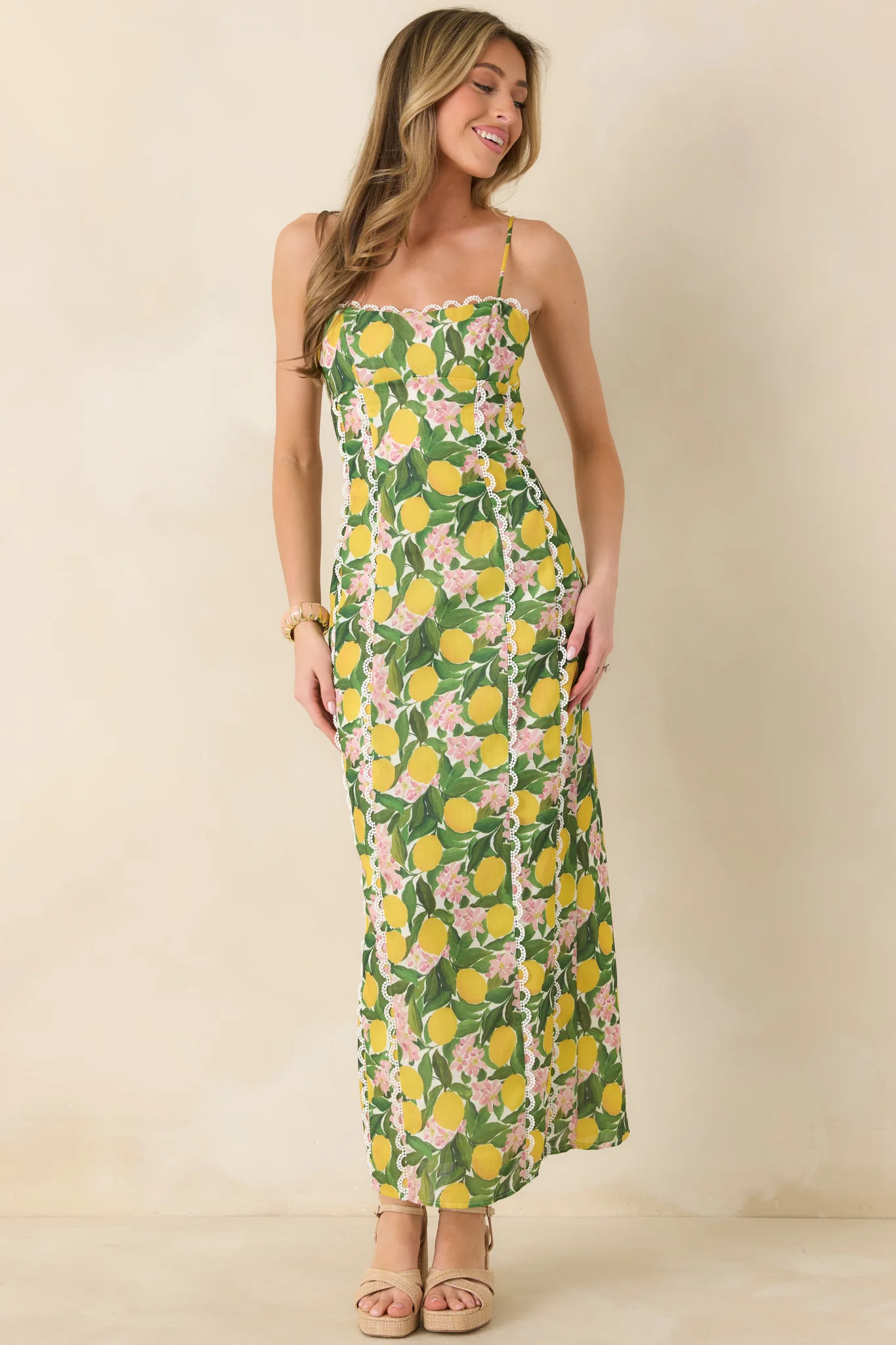 Squeeze the Day Yellow Multi Lemon Blossom Maxi Dress | Red Dress