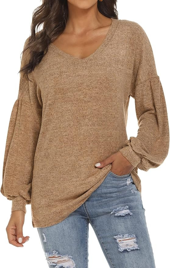 KIMSOONG Women's Lantern Sweatshirt Long Sleeve Tops V Neck Crewneck Shirts Tunic Blouses | Amazon (US)