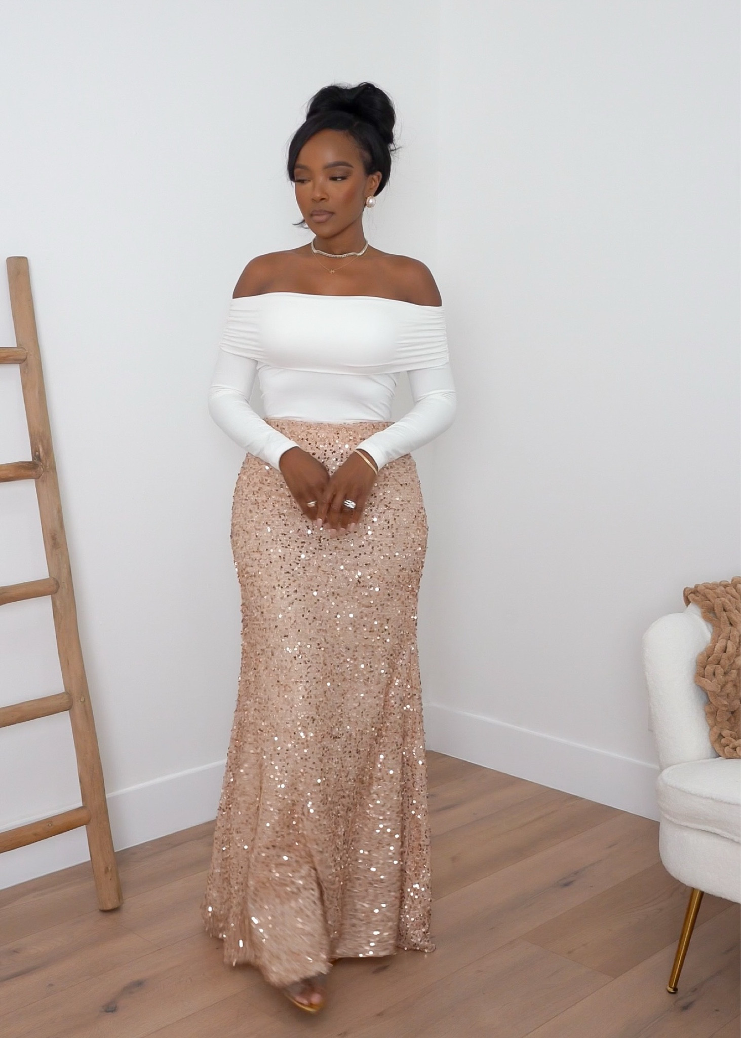 Perfect New Year’s Eve outfit ✨ 
Something about an off shoulder top so demure so mindful . I love doing an updo to really show off the shoulder detail, loving how it paired well with the sequin maxi skirt perfect for New Year’s Eve special event

|•Size small I’m 5’4 | 140lbs | 36D -27 -40  IG & YT: kirasfashionfinds TT: kiraabboud•|

#LTKStyleTip #LTKHoliday #LTKShoeCrush
