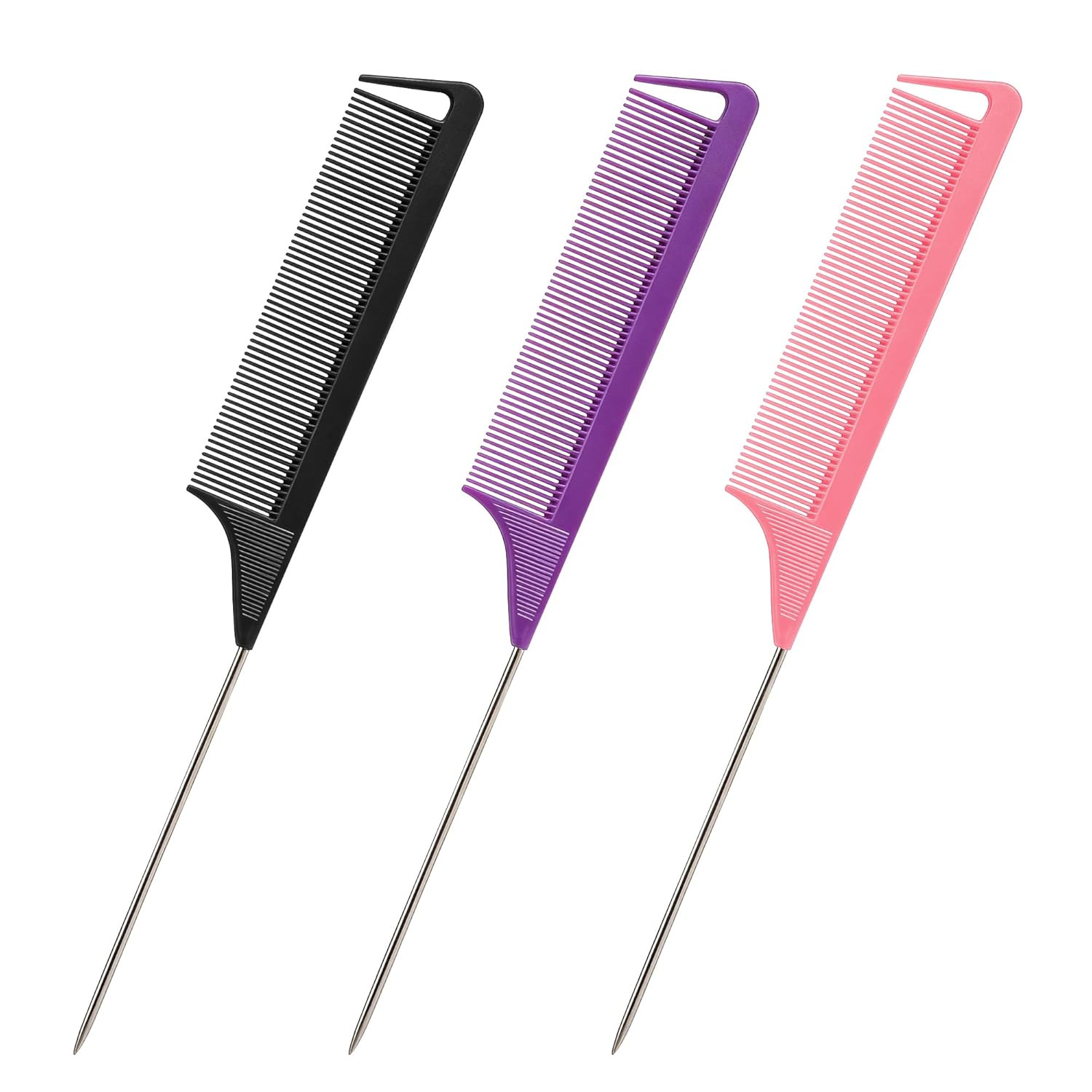 Rat Tail Combs Set: 3Pcs Long Steel Pin Teasing Combs for Salon Hair Stylists, Metal Parting Combs for Women (Purple, Black, Pink) | Amazon (US)