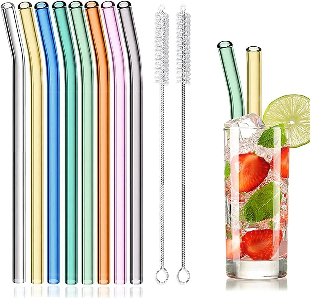 8 Pcs Reusable Glass Straws, 8"x8mm Eco-friendly Drinking Straws for Smoothies, Milkshakes, Tea, ... | Amazon (US)
