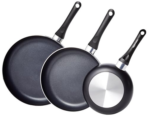 Amazon Basics Non Stick 3-Piece Kitchen Cookware Set, Includes 8-inch, 10-inch, 12-inch Pan, Black | Amazon (US)